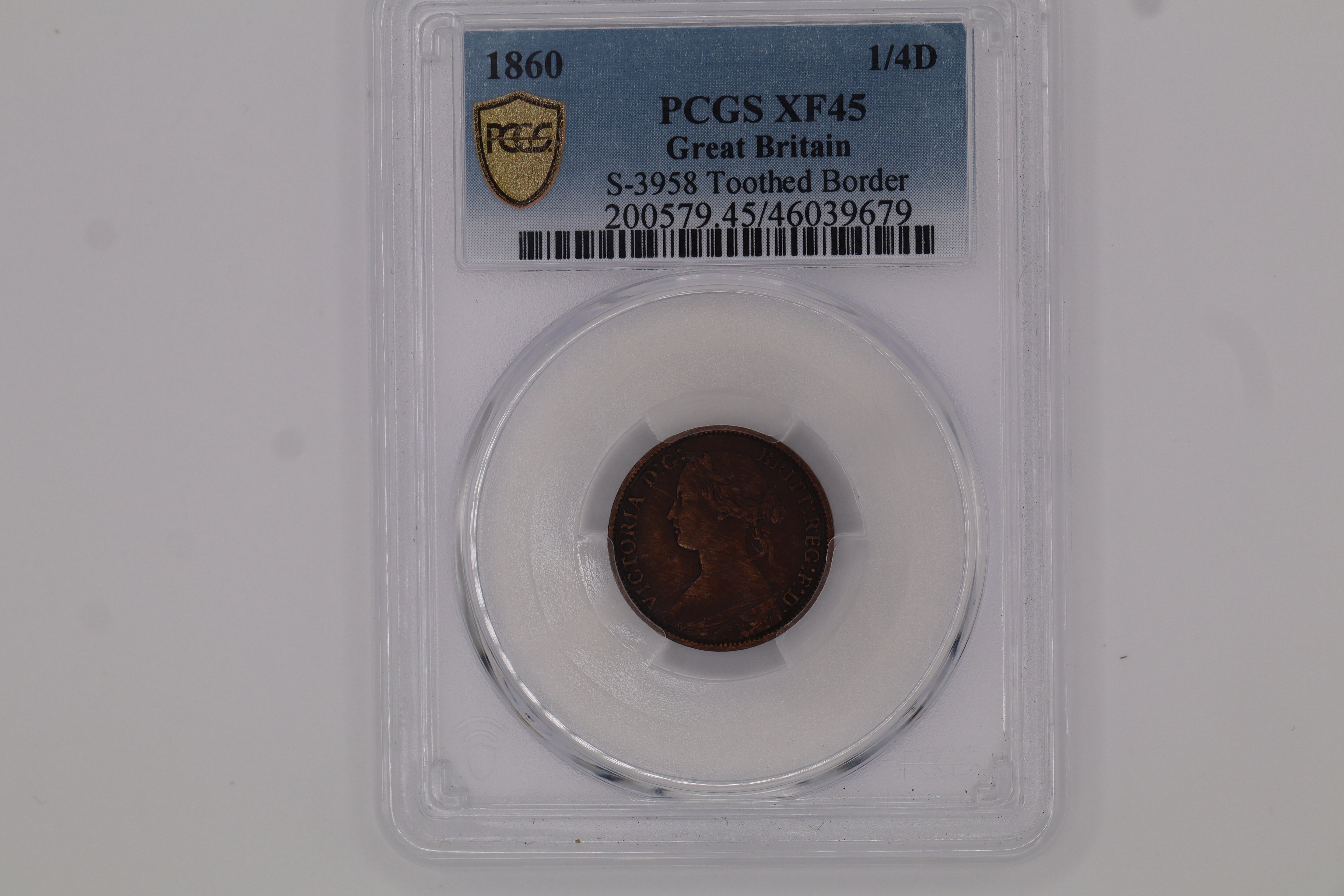 1860 1/4D S-3958 Toothed Border, BN PCGS XF45 Great Britain