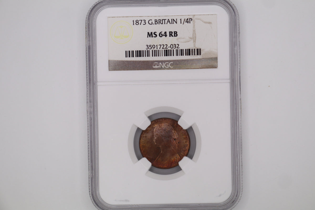 1873 Victoria Bun Head Farthing MS64RB 1/4P