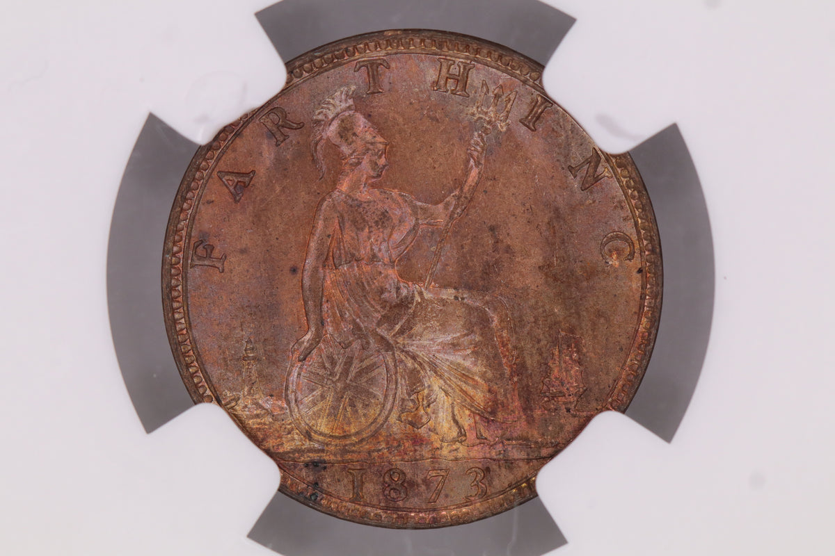 1873 Victoria Bun Head Farthing MS64RB 1/4P
